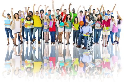 Diverse Group of High School Students with Arms Raised